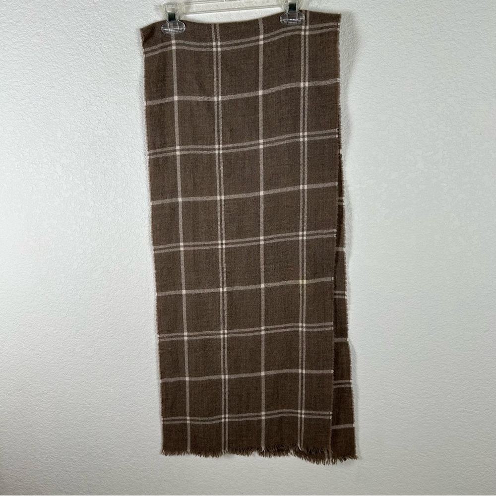 Wool Scarf 14 x 66 inches brown and cream plaid . Made in Scotland.